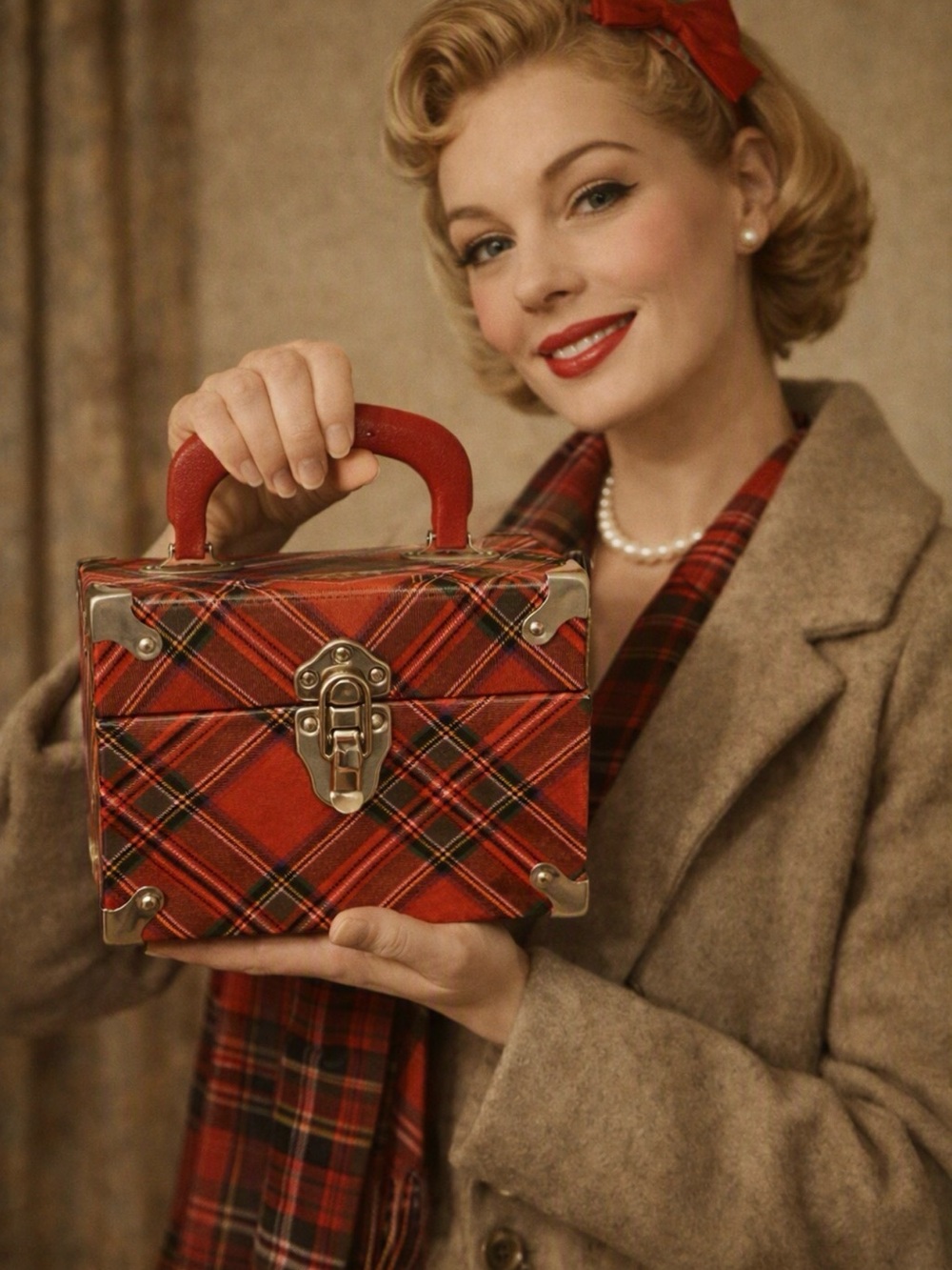 Vintage Red Plaid Box Bag purse Metal harware fancy